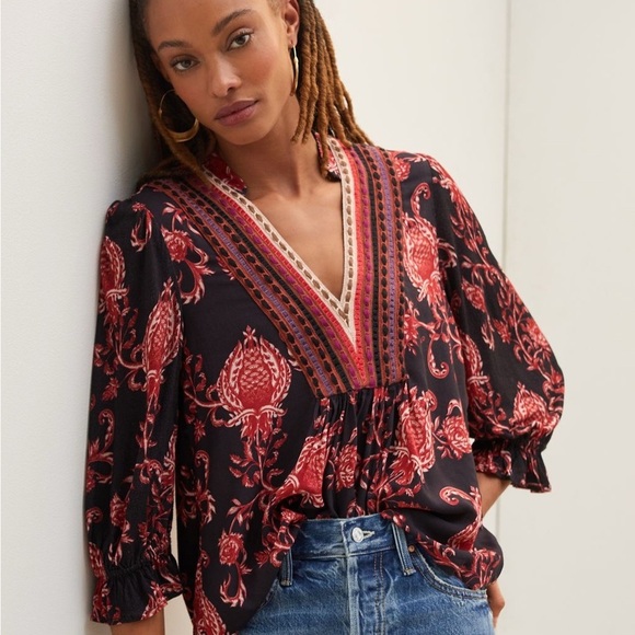 Anthropologie Bl-nk Floral Embroidered V-Neck Top - Picture 1 of 9